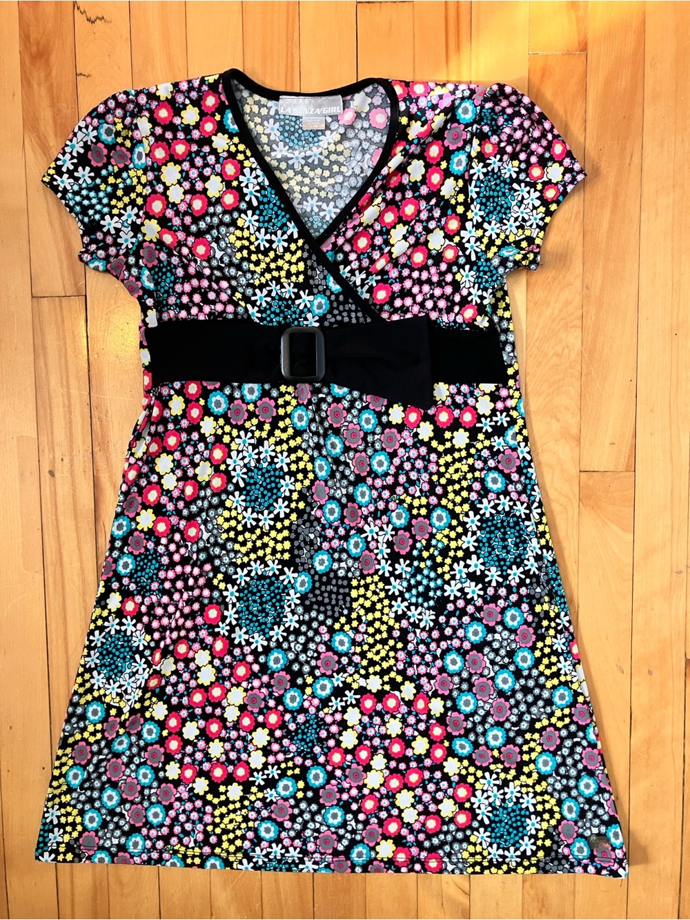 La SENZA Black Floral Belted Girls Top with Pink, Yellow & Blue Accents